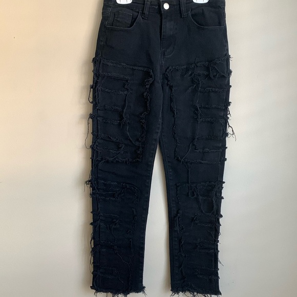 Black Destroyed/Distressed straight leg denim jeans size 11/12 - Picture 1 of 3